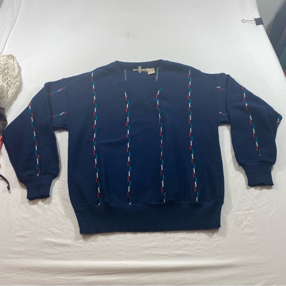 Repage Sweter Vintage Men’s XL Blue V-Neck Sweater  Subtle Stripes Grandpa